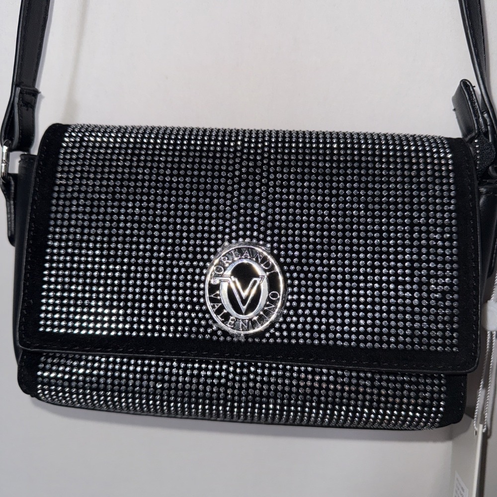 Valentino Orlandi Silver Rhinestone Studded Black Crossbody Bag Purse MSRP $199 - Picture 3 of 16